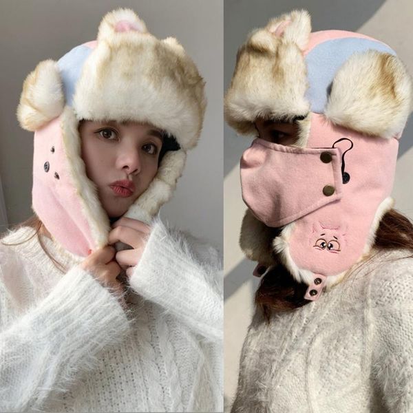 

women winter thicken plush lined warm trooper trapper hat with detachable face mask cute cat eers windproof earflap cap, Blue;gray