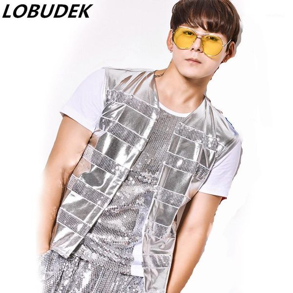 

men's tracksuits (vest+t-shirt++pants) silver sequin 3 piece sets male singer nightclub bar jazz rock costumes suit lead dance show har, Gray