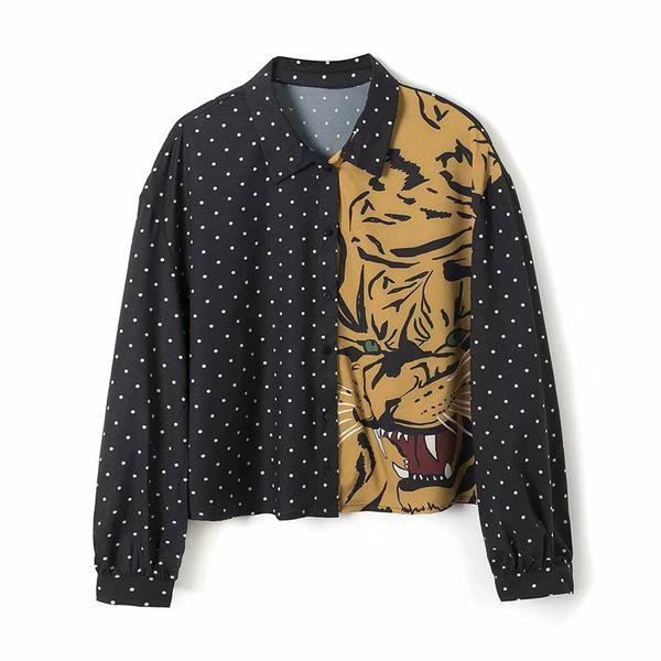 

2021 new women retro fashion splicing shirt female full of design animal print lapel long sleeve top, White
