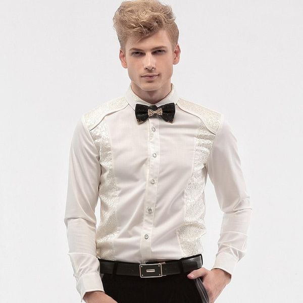 

new fashion casual personality male men's long sleeved spring lace wedding groom shirt 14280 4xl 5xl noble blouse1, White;black