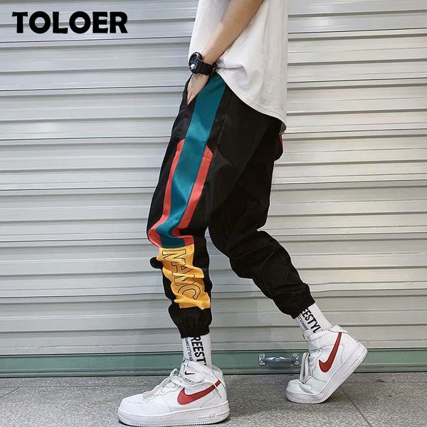 

hip hop streetwear men's splice joggers pants male fashion casual cargo pant trousers high street elastic waist harem pants men, Black