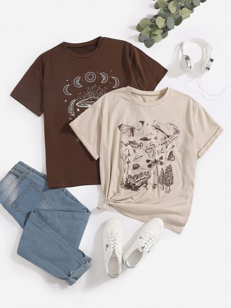 

2pcs mushroom & butterfly print tee c4jx#, White