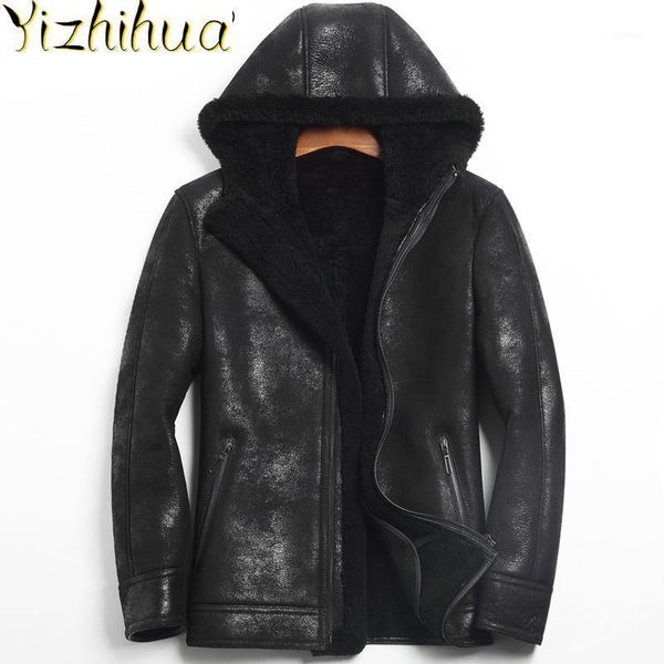 

azazel genuine leather jacket men hooded winter jacket real wool fur coat men sheepskin coat shearling leather 355kj22351, Black