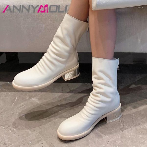

boots annymoli pleated real leather mid heel calf women shoes round toe zipper block heels female autumn black white1