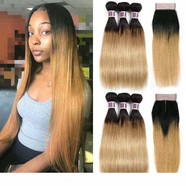 

8a 1b 27 ombre straight human hair peruvian malaysian brazilian virgin hair 3pcs bundles with lace closure ombre honey blonde hair extension, Black;brown