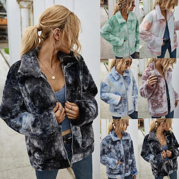 

casual plush flannel coat women autumn winter tie dye lapel long sleeve zipper faux fur jacket coat plus size sweatshirt outwear1, Black