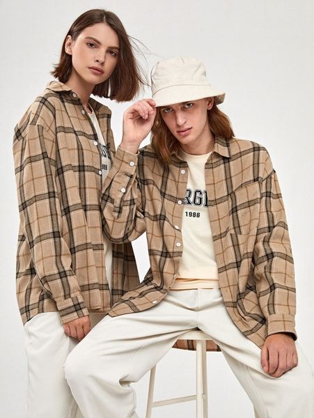 

1pc plaid patched pocket drop shoulder satin shirt 34cv#, White;black