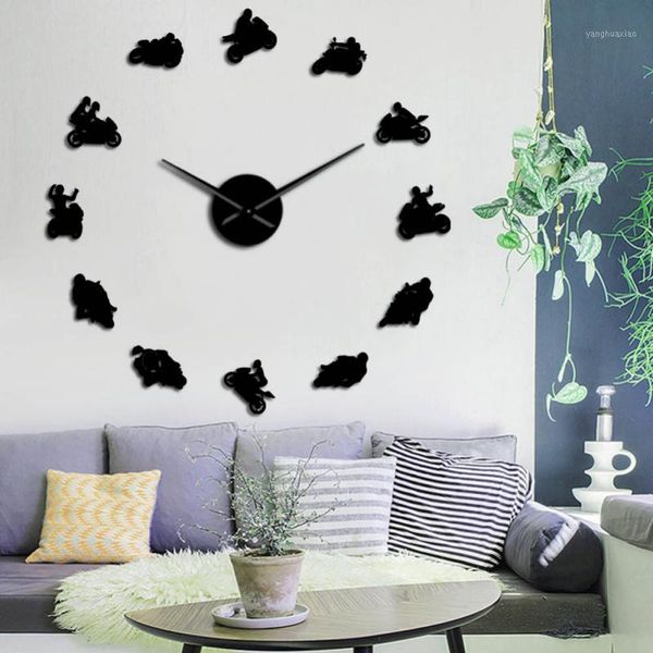 

wall clocks diy large clock european-style motorcycle riding mobile phone mirror 3d acrylic for living room decor1