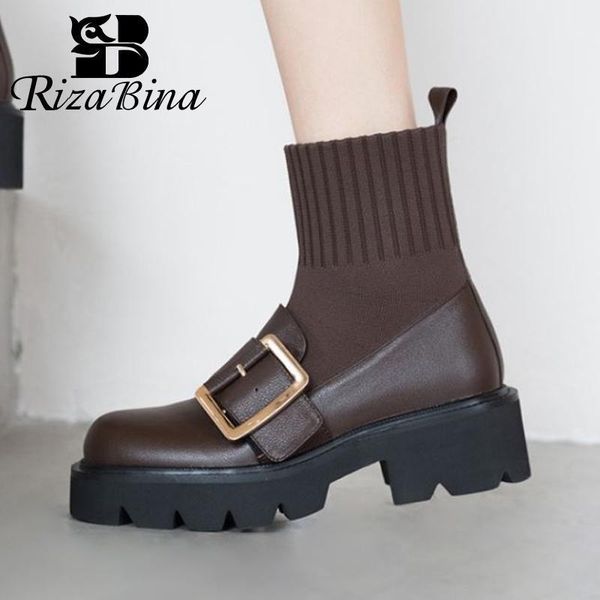 

boots rizabina real leather ins women short buckle fashion platform high heel winter shoes woman warm footwear size 34-391, Black