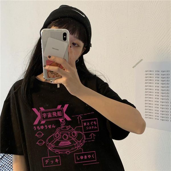

japan aesthetic gothic punk spaceship cartoon cute casual vintage harajuku summer loose kawaii streetwear women t-shirt, White