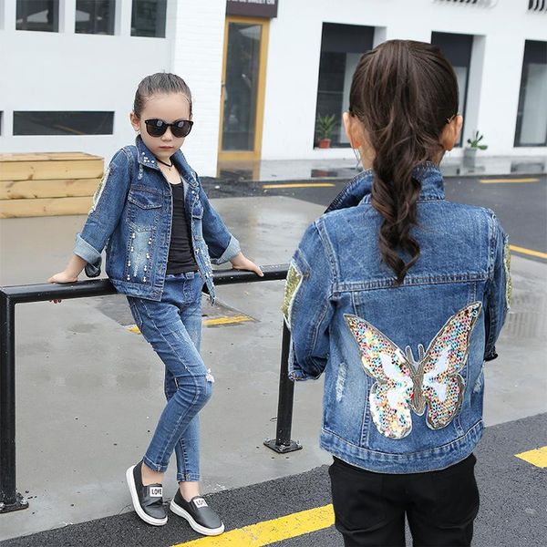 

jackets 2021 spring girls fashion denim jacket kids pearls cowboy coat with sparkle butterfly children's holes leisure outerwear x362, Blue;gray