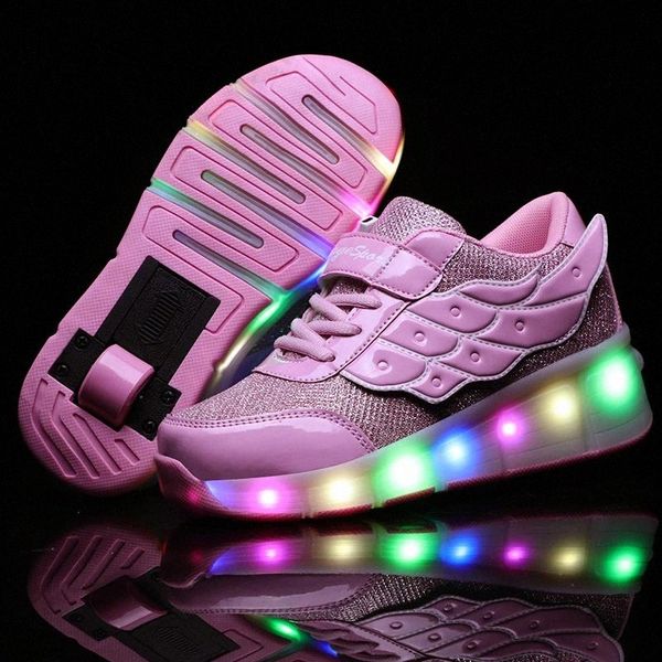 

new pink wing usb charging fashion girls boys led light roller skate shoes for children kids sneakers with wheels one wheels #wt9b
