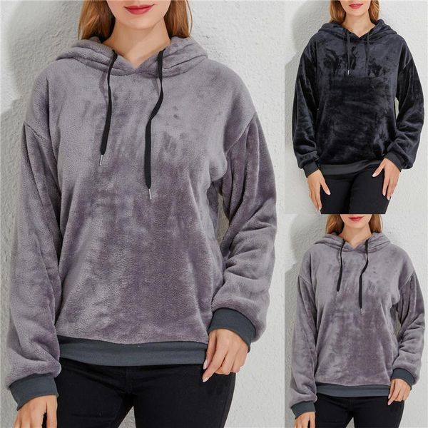 

women's hoodies & sweatshirts women harajuku loose casual warm ladies fleece flannel pullover female sweatshirt autumn winter solid hoo, Black