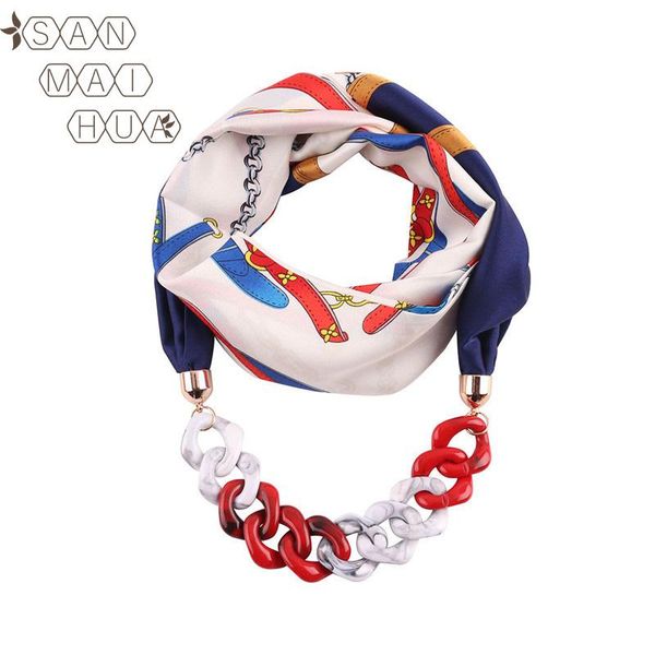 

2020 charm women stain necklace jewelry pendant chain silk scarf female foulard wraps soft hijab muslim head scarves bufanda, Blue;gray