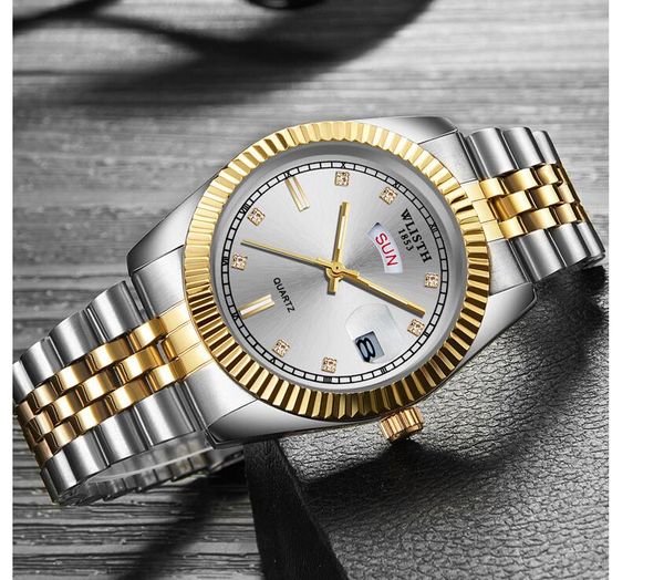 

luxury classic business men's watches stainless steel watchband date week display quartz wristwatch male clock, Slivery;brown