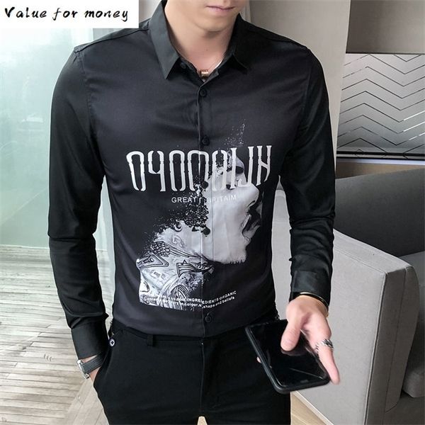 

camisa quality high masculina blouse homme 2020 autumn head printed men's long sleeve dress men retro shirt c1212, White;black