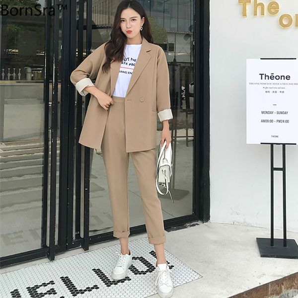 

bornsra fashion khaki women pant suits loose blazer jacket & high waist pencil pants 2020 casual female 2 pieces set women suit q1215, White