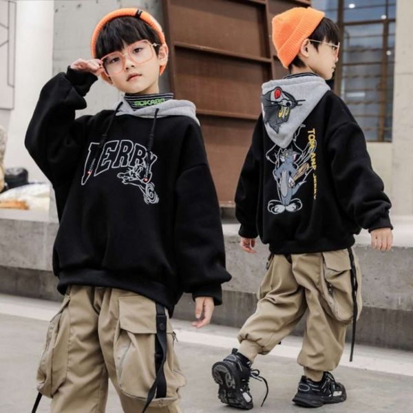 

boys' plush and hooded sweater 2020 autumn new korean children's winter thickened base shirt klon, Black