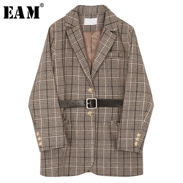 

[eam] new spring autumn lapel long sleeve coffee plaid pocket stitch belt loose jacket women coat fashion tide jq035 201112, Black;brown