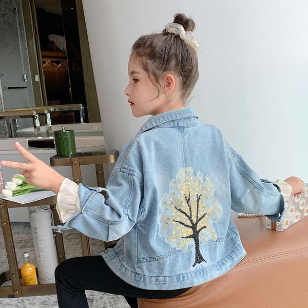 

jackets girls denim jeans coats baby girl fall clothes 2021 autumn children splice outerwear clothing 4 5 6 8 11 12 14 years old, Blue;gray