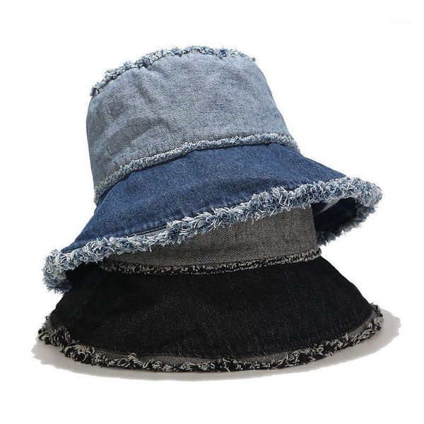 

wide brim hats 2021 hat women men korea basin caps washed edging hip hop sun trend net red denim stitching fisherman bucket1, Blue;gray