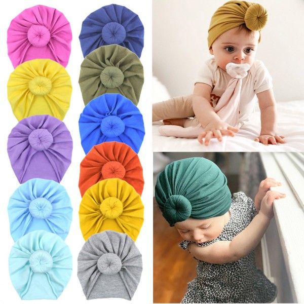 

solid color nursery hospital ball donut turban hat infants beanie bonnet headband for toddlers newborns stretch head cap kimter-c369z, Black
