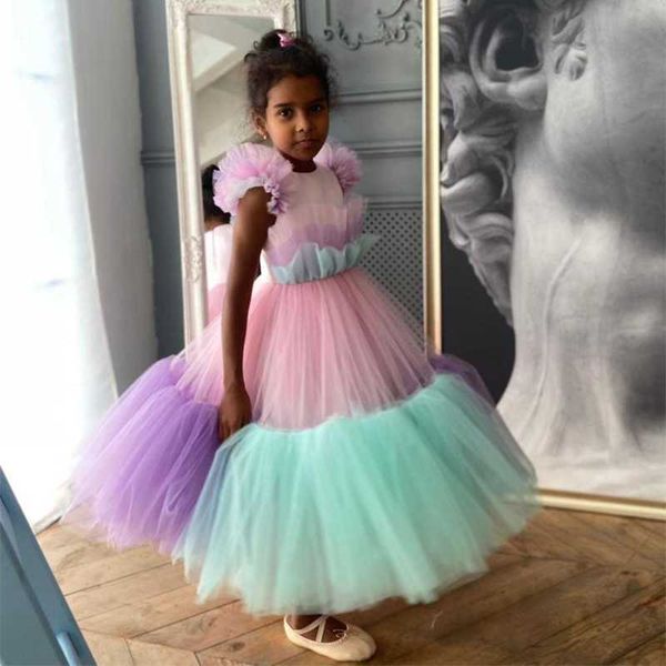 

girl's dresses rainbow flower girl dress jewel neck tulle ruffles cap sleeve kids gowns for wedding birthday first holy communion, Red;yellow
