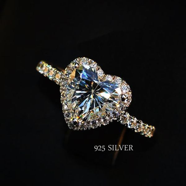 

cluster rings yanhui romantic valentine's gift 925 silver for women propose marriage wedding band heart cubic zirconia fashion jewelry, Golden;silver