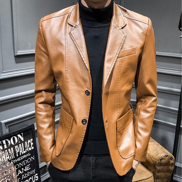

fall 2020 new suit leather jacket business fashion men's jacket men's slim fit leather kk3085, Black;brown