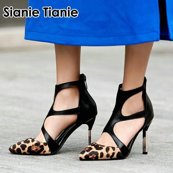 

sianie tianie 2021 new spring summer hallow cut out leopard t-strap woman pumps zipper back gladiator women stilettos high heels, Black