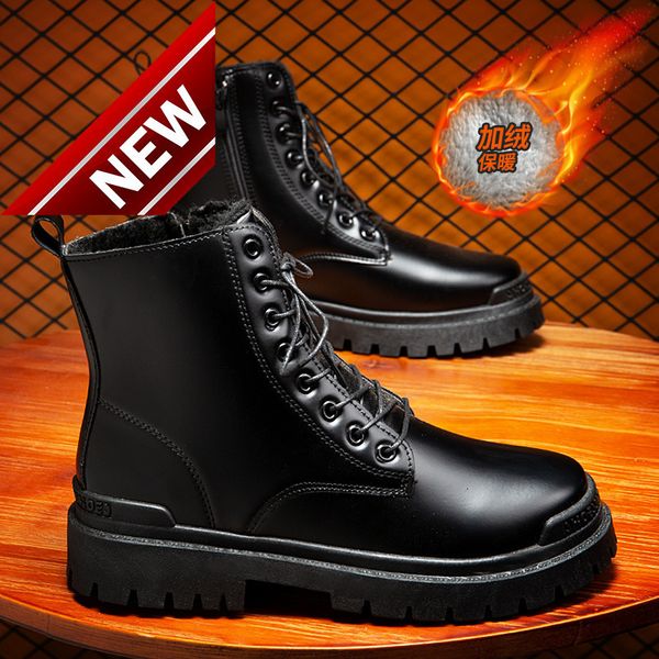 

winter plush warm martin high british wind work leather boots waterproof and anti-skid middle men's, Black