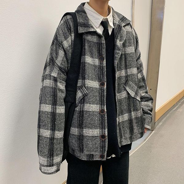 

men's wool & blends winter plus cotton thick woolen coat warmth fashion retro plaid men casual loose korean short mens m-3xl, Black
