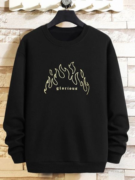 

men letter & fire print drop shoulder pullover n9wt#, Black