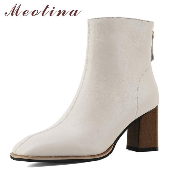 

meotina genuine leather high heel ankle boots women shoes square toe chunky heels zipper short boots ladies autumn beige black