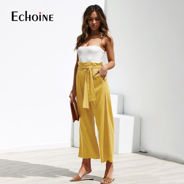 

casual cotton linen women high waist wide leg pants summer autumn office band loose palazzo trousers female black yellow pants lj200814, Black;white