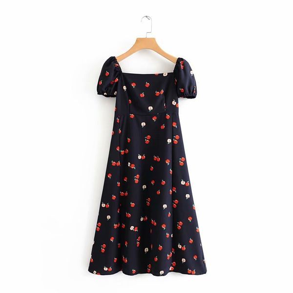 

summer 2019 cash women's long apple print dress short sleeve holiday french style, Black;gray