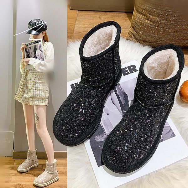 

woman flat boots australia winter footwear shoes bling bling boots-women round toe low snow 2020 ankle rubber ladies, Black