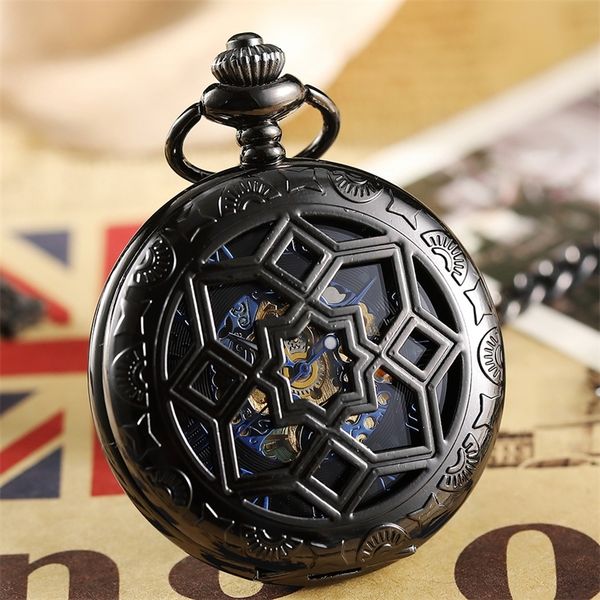 

luxury black mechanical pocket watch hollow geometry flip fob watch chain necklace pendants clock male watch reloj de bolsillo t200502, Slivery;golden