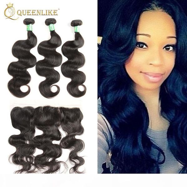 

unprocessed brazilian virgin human 3 hair bundles with 13x4 lace frontal closure body wave 1b color wet and wavy queenlike 7a, Black;brown
