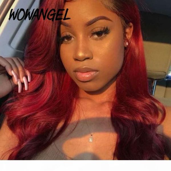 

wowangel burgundy 99j lace front human hair wigs colored body wave pre plucked bleached knots brazilian remy hair transparent, Black;brown
