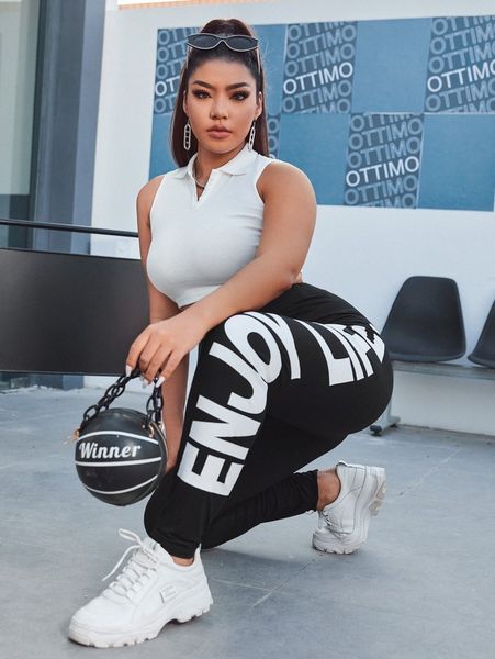 

plus slogan graphic leggings k7gn#, Black