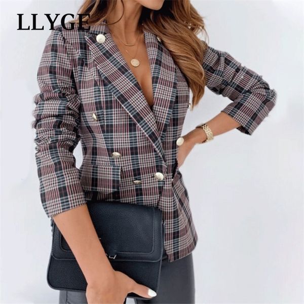 

autumn checked elegant suit jacket women check double-breasted slim casual blazers female 2020 fashion office ladies clothes lj201214, White;black