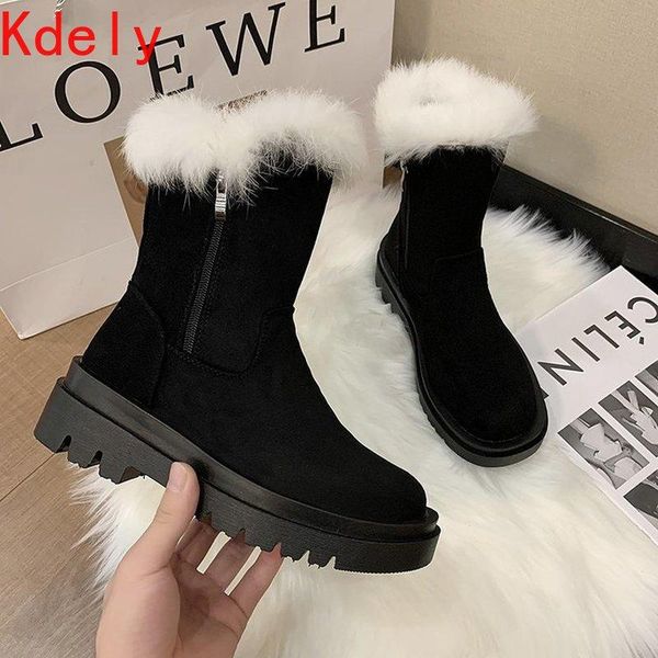 

boots rimocy faux fur winter snow women 2021 thicken plush chunky ankle female non-slip zipper platform shoes woman botas, Black