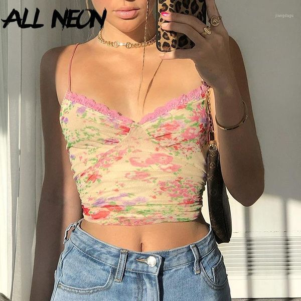 

allneon e-girl 90s flowers spaghetti strap lace trim mesh camis vintage skinny v-neck summer backless floral crop sweet1, White