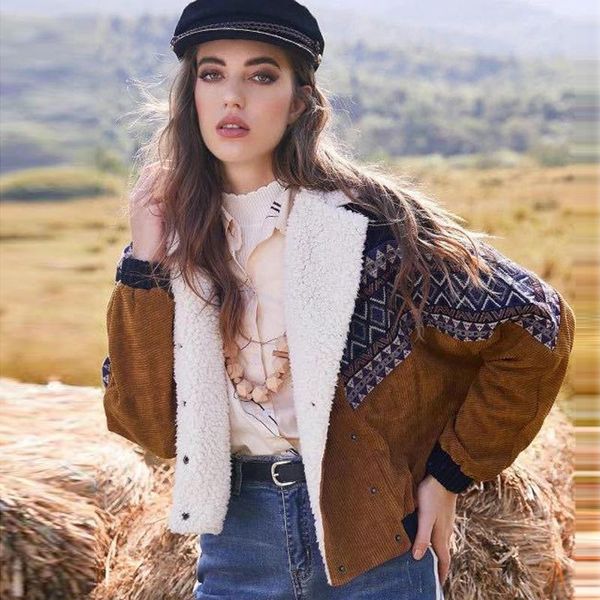 

women's jackets bohemian pilot jacket jacquard weave geometric stripe pattern artifical lambswool lapel cool boyfriend style winter lad, Black;brown
