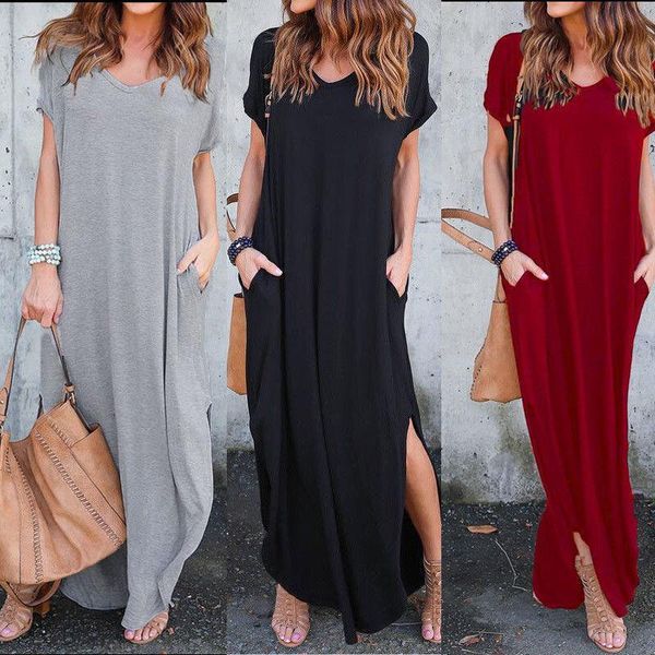 

women t shirt long maxi dress split evening party shirt dress summer beach loose sundress drop shipping, Black;gray