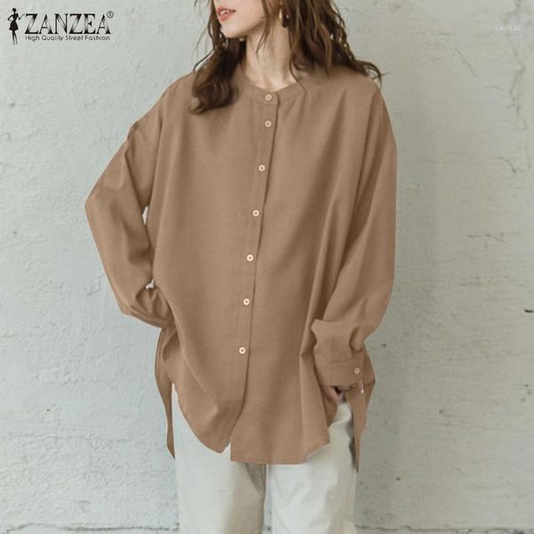 

5xl zanzea women's back fork lace up shirt 2021 autumn office ladies solid blouse casual o-neck long sleeve blusa plus size1, White