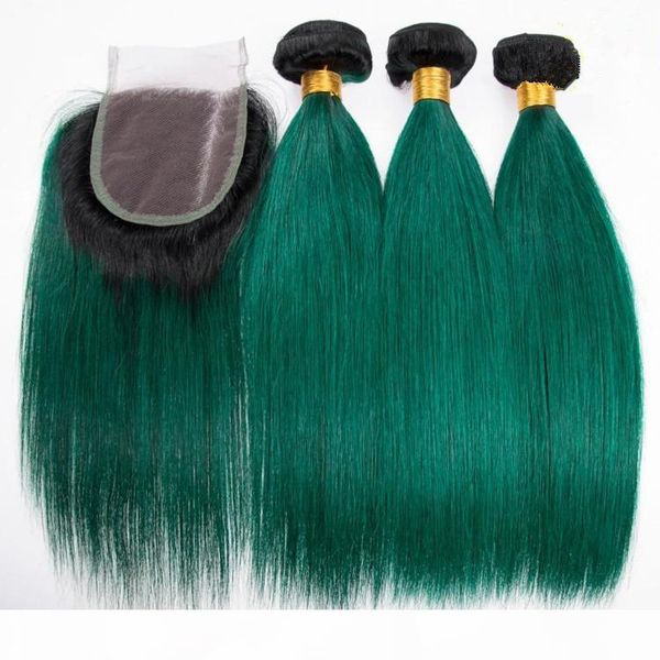 

dark green ombre virgin brazilian human hair 3bundles with closure straight #1b green ombre 4x4 lace closure with weaves extensions, Black;brown