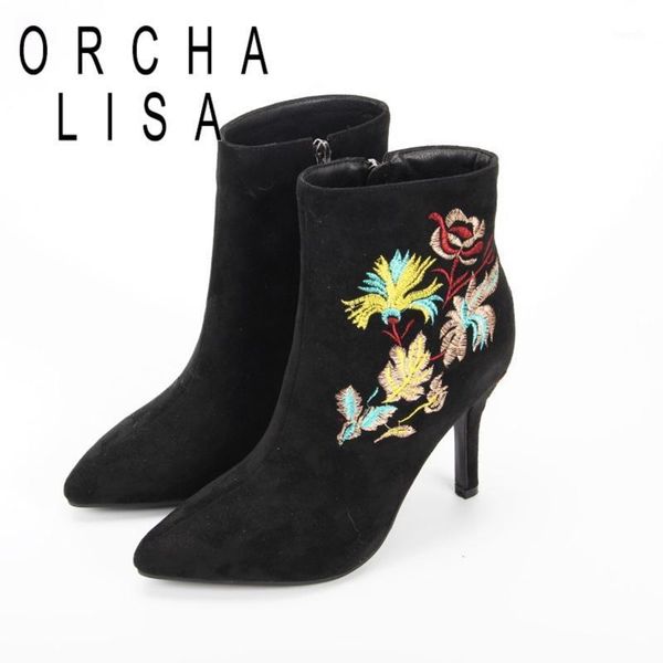 

boots orchalisa women ankle elegant pointed toe thin heels 9cm embroidered zip short plush big size 33-43 outdoor winter b21401, Black