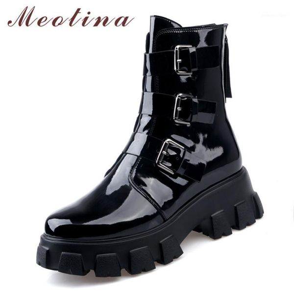 

boots meotina winter motorcycle women natural genuine leather buckle thick high heel ankle zip round toe shoes lady 34-401, Black